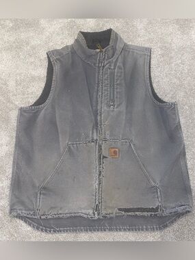 Carhartt Duck Canvas Sherpa Lined Work Gray‎ Vest Size L Tall Distressed V33 GVL